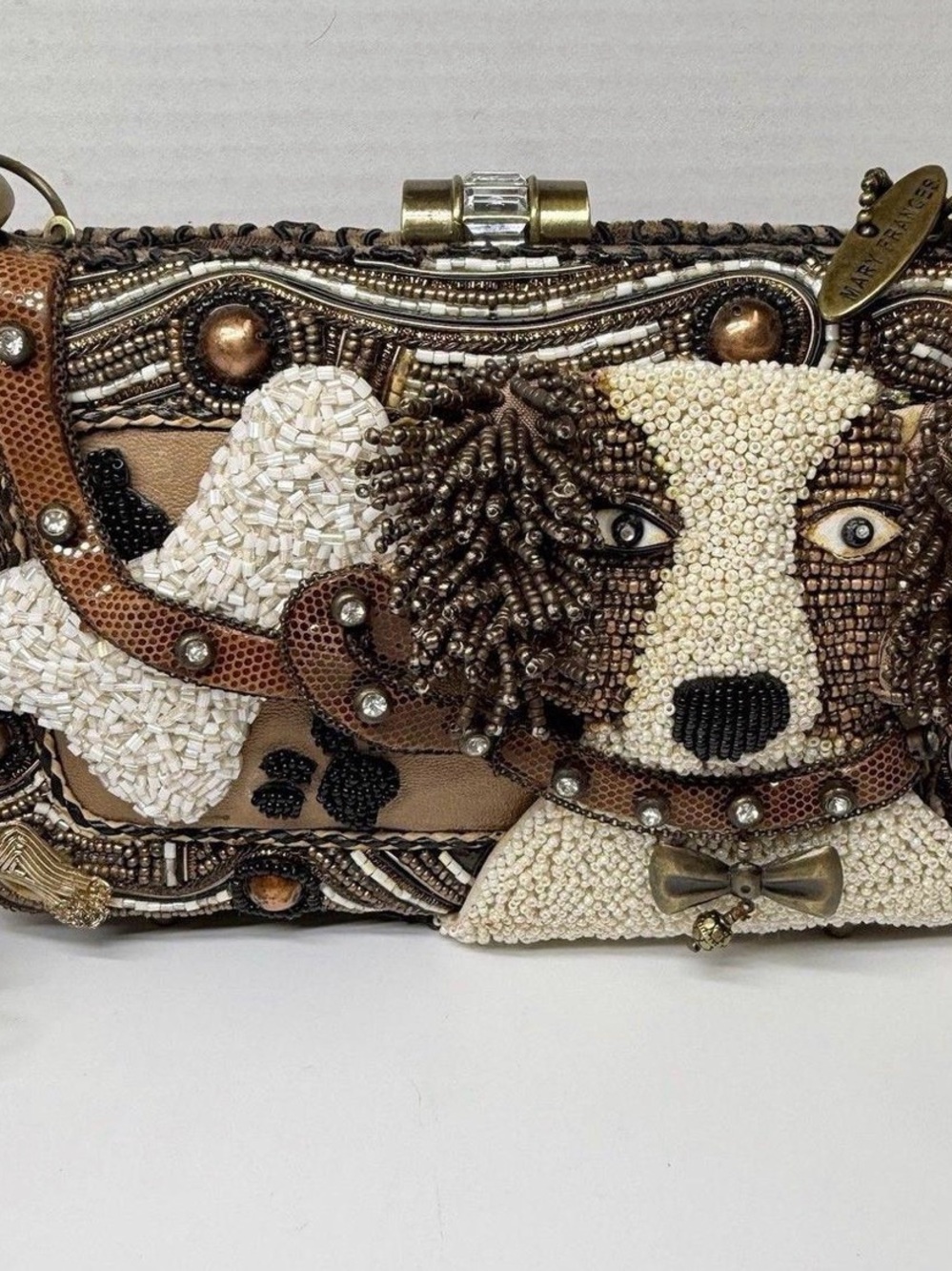 Mary Francis Beaded Dog Face Clutch in Cream and Brown